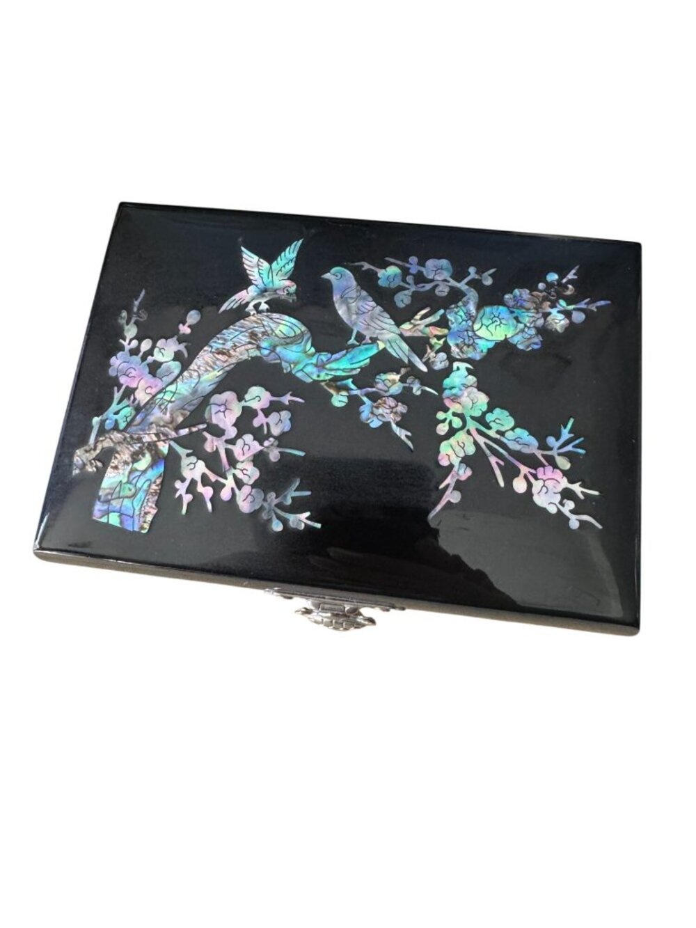 Sanyo Jewelry Music Box Black Lacquer Abalone MOP Inlay 5 3/4 Inch - Picture 5 of 11
